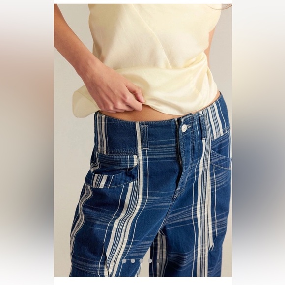 Free People Rose Hall Low Slung Trousers We The Free Side Pockets Blue Motif - Picture 5 of 7